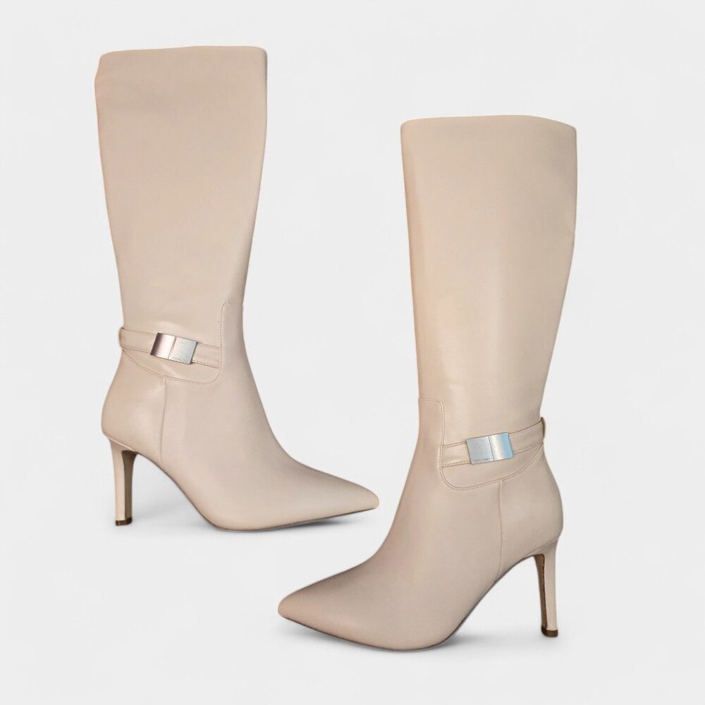 Calvin Klein Jeora Faux Leather Tall High Heel Dress Boots Light Natural 8M NWB